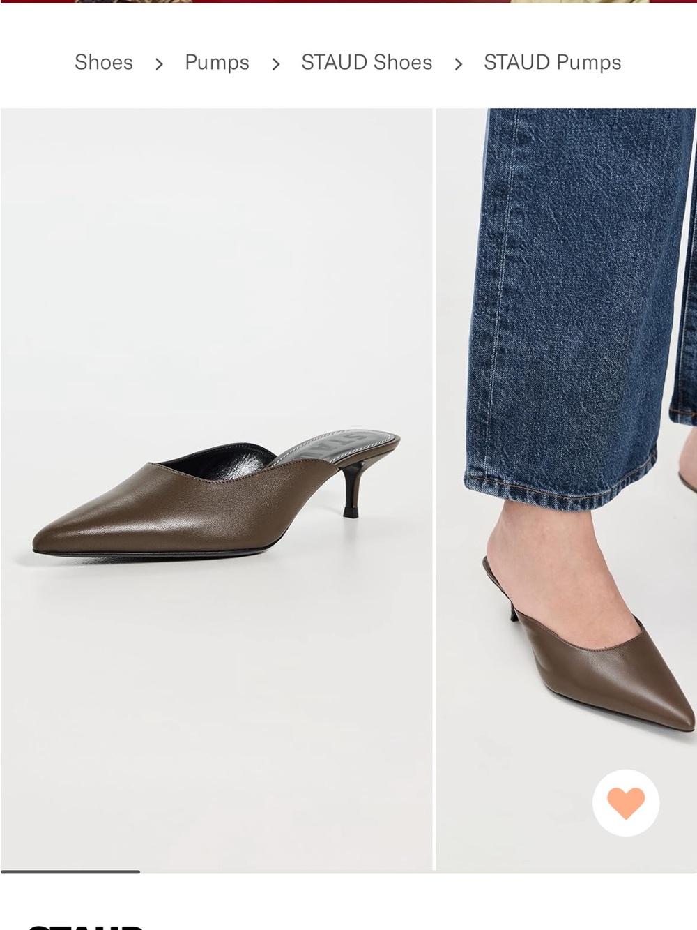 STAUD Brown Pointed-Toe Kitten Heel Mules